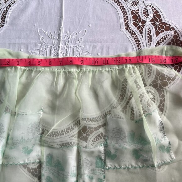 Vintage Green Chiffon Half Apron Pockets Chicken Rooster Farm Scene Retro Kitche - Picture 7 of 9